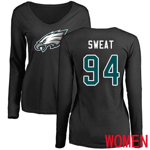 Women Philadelphia Eagles #94 Josh Sweat Black Name and Number Logo Slim Fit Long Sleeve NFL T Shirt.